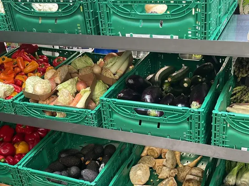 Auslage der ChoschtBar mit Kisten voller Gemüse: Peperoni, Kohl, Auberginen, Avocados und Wurzelgemüse